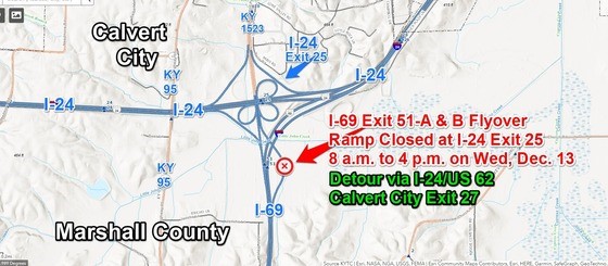 Daytime Closure of I-69 Northbound Exit 51-A & B Flyover Ramp in the I-24/I-69 Interchange near Calvert City on Wednesday, Dec. 13